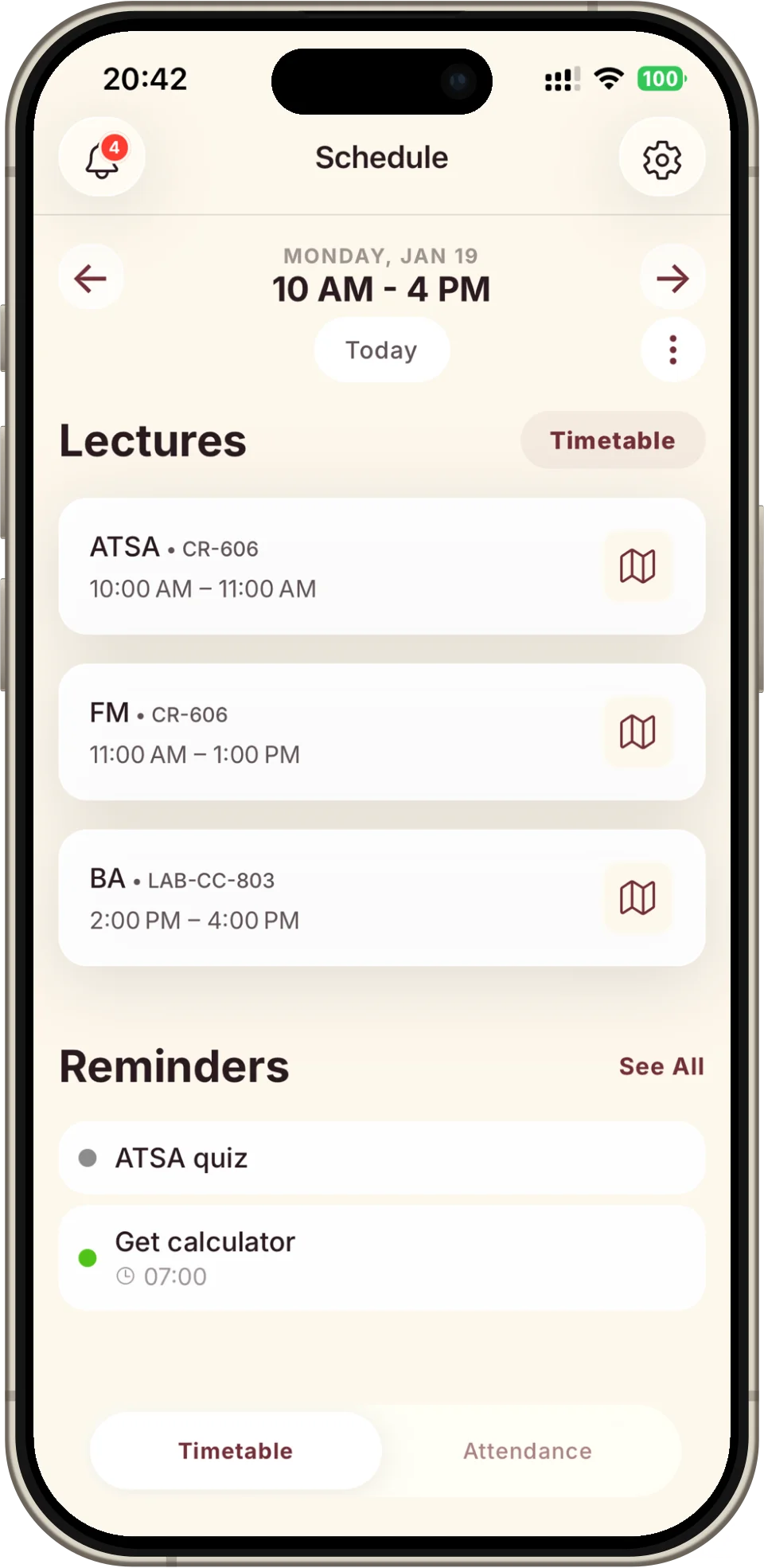SHIT app showing today's college timetable with lecture times and classrooms