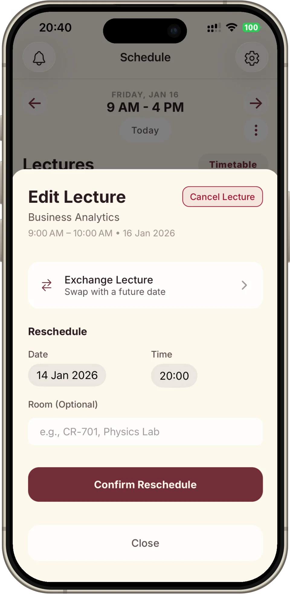 Semester, subject and timetable settings in the SHIT app