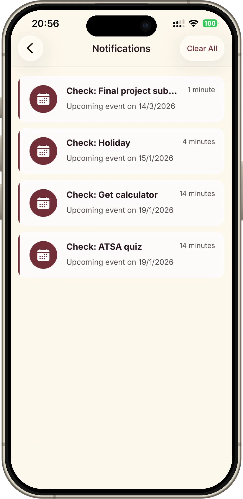 Lecture, assignment and exam reminders in the SHIT app